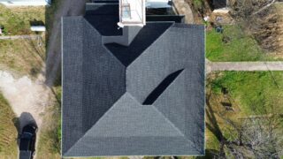 Eagles eye view of the roof with new IKO Dynasty Granite Black shingles