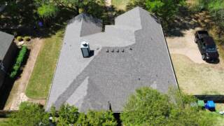 Aerial view of the back of the roof showing new IKO Cambridge shingles in Weatherwood