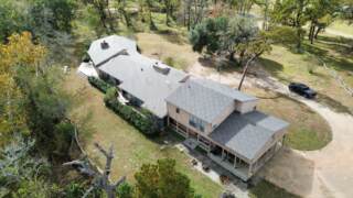 Front right aerial view of the new roof. Shingles are IKO Cambridge in weatherwood. 
