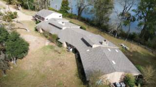 Back left aerial view of the new roof. Shingles are IKO Cambridge in weatherwood.