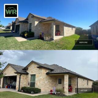 Before and after photo showing old 3 tab shingle roof and old gutters compared to new Class 3 Architectural shingles and new seamless gutters. New shinges are IKO Dynasty Cornerstone Weatherwood and gutters are dark bronze