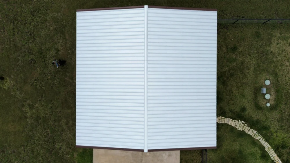 Aerial view of shop roof showing new r-panel and trim